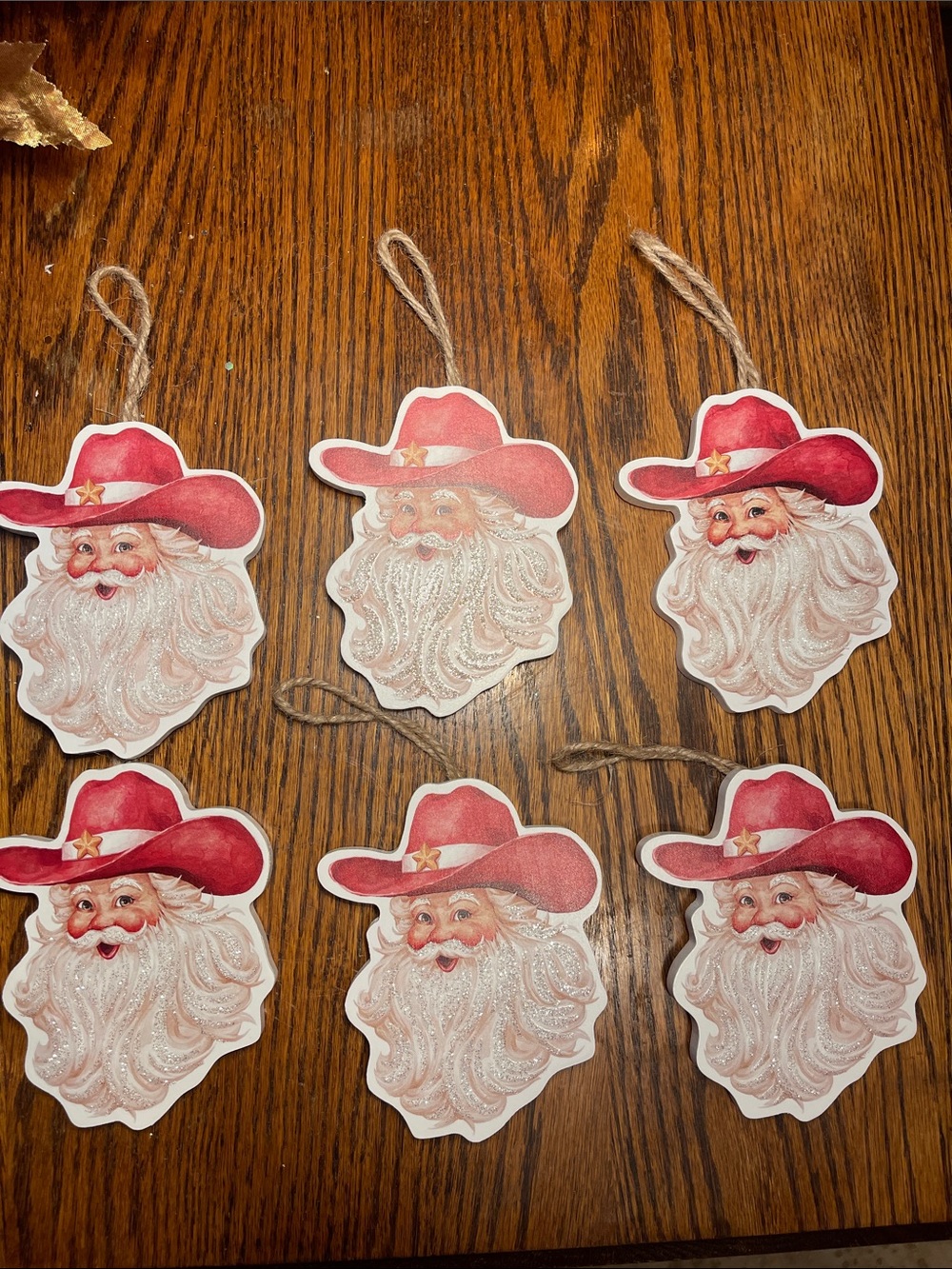 Festive Santa Face Ornaments with Red Cowboy Hats - Set of 6